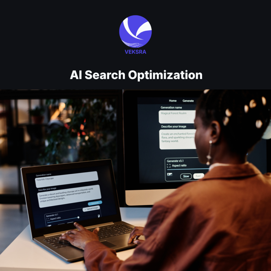 A woman operating a laptop and optimizing for AI Search.